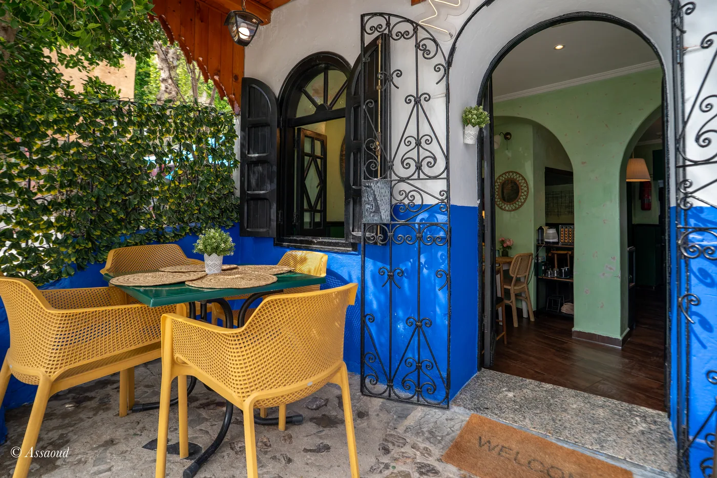 Ivy-shaded terrace seating at Mandala Pizzeria in Chefchaouen